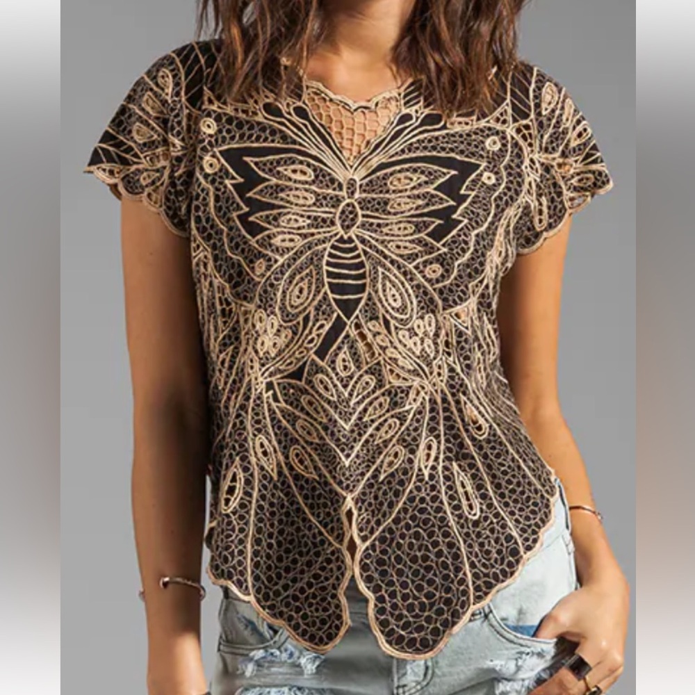 Jen's Pirate Booty Black and Gold Butterfly Lace Crop Top